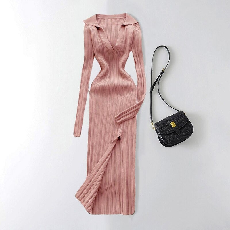 Slit Slim Knitted Square Neck Sheath Sweater Dress-Soco Hoodie