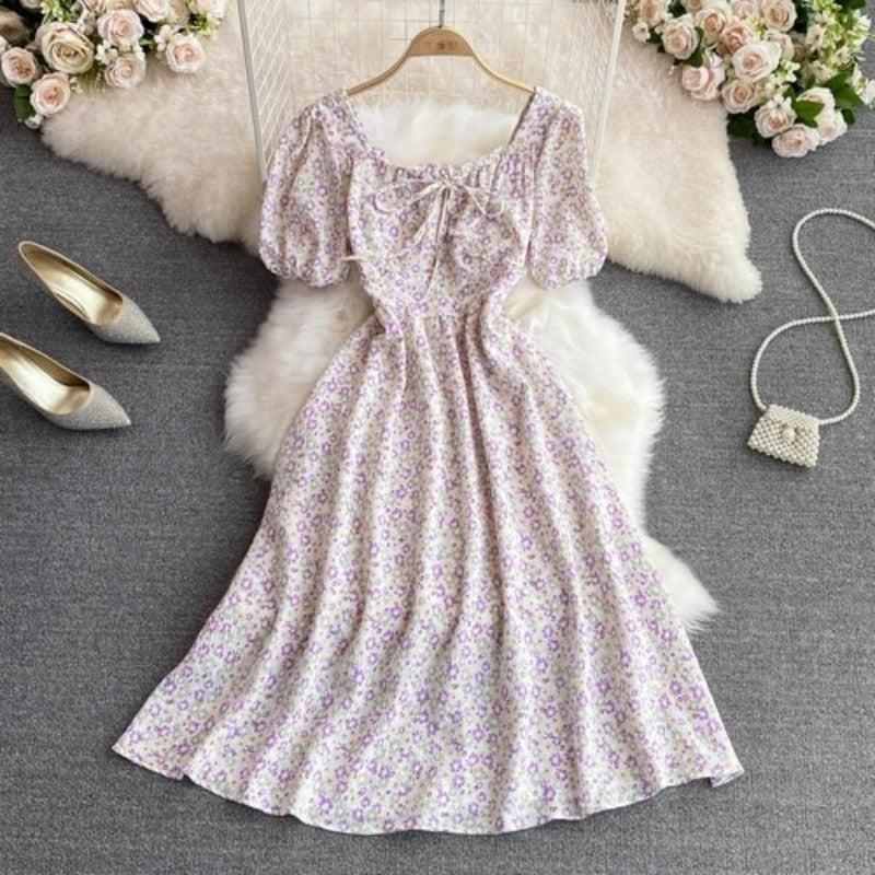 High Waist Floral Chiffon Short Sleeve Dress For Women-Soco Hoodie