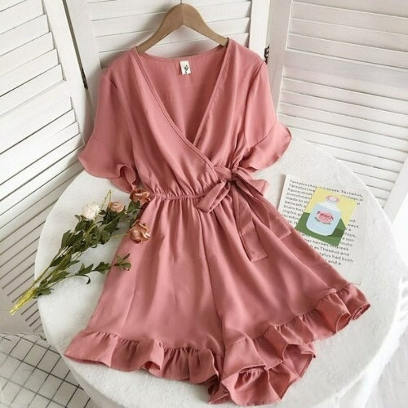 Women's Solid Color Short Ruffle Playsuit-Soco Hoodie