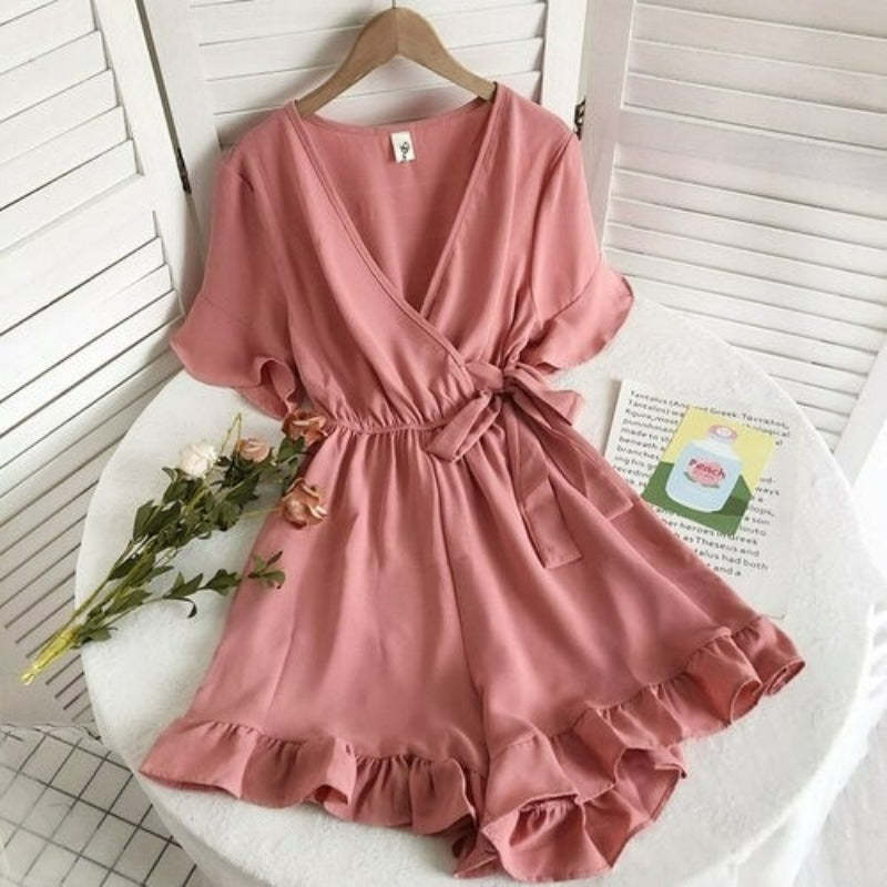 Women's Solid Color Short Ruffle Playsuit-Soco Hoodie