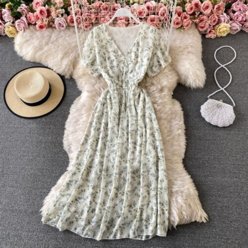 Printed V-Neck Ruffles Short Sleeve Dress For Women-Soco Hoodie