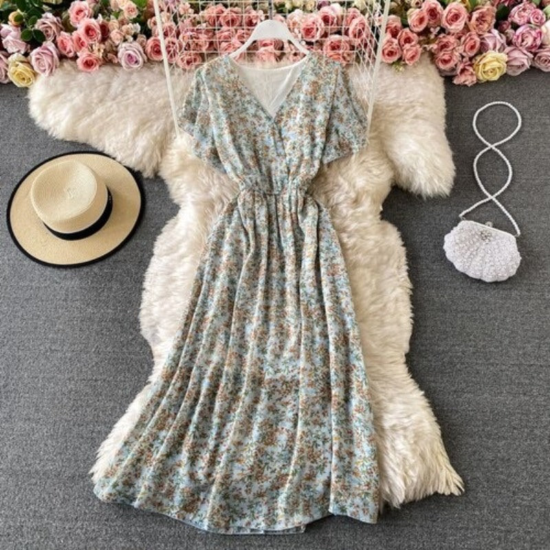 Printed V-Neck Ruffles Short Sleeve Dress For Women-Soco Hoodie