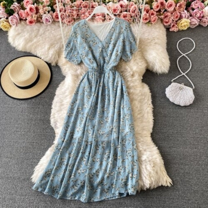 Printed V-Neck Ruffles Short Sleeve Dress For Women-Soco Hoodie