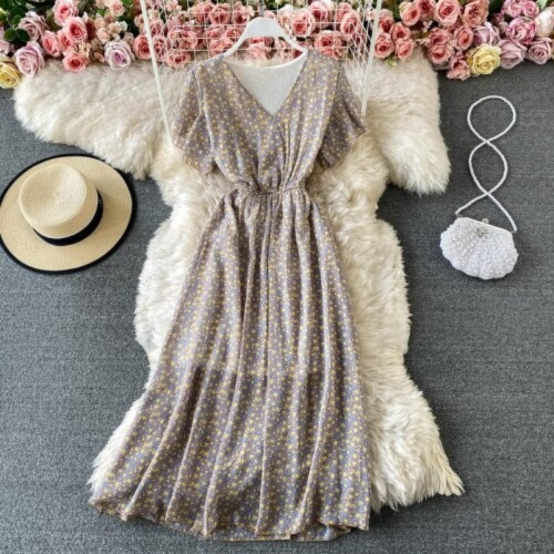 Printed V-Neck Ruffles Short Sleeve Dress For Women-Soco Hoodie