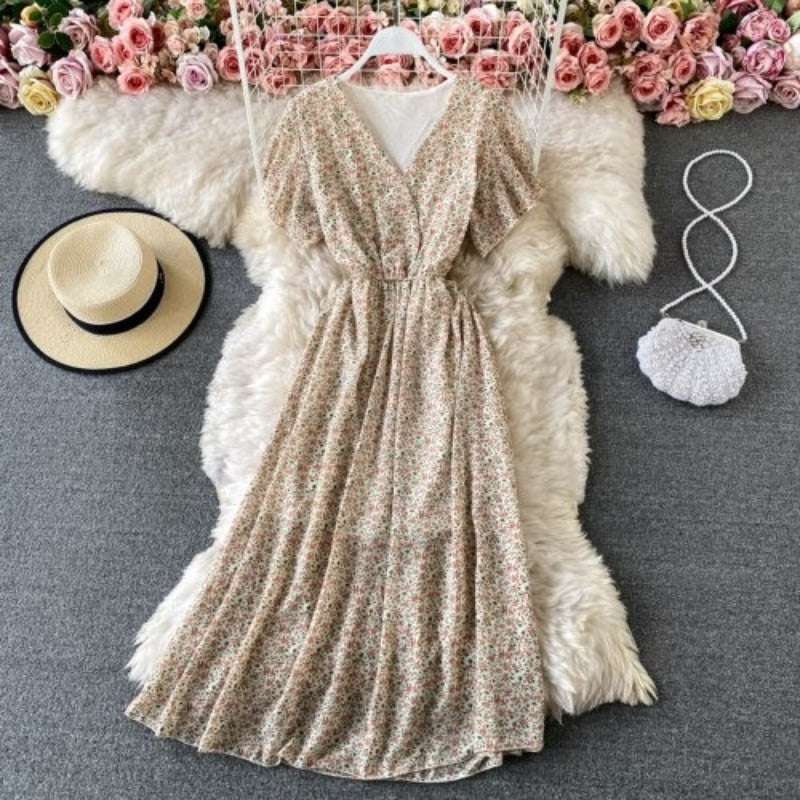 Printed V-Neck Ruffles Short Sleeve Dress For Women-Soco Hoodie