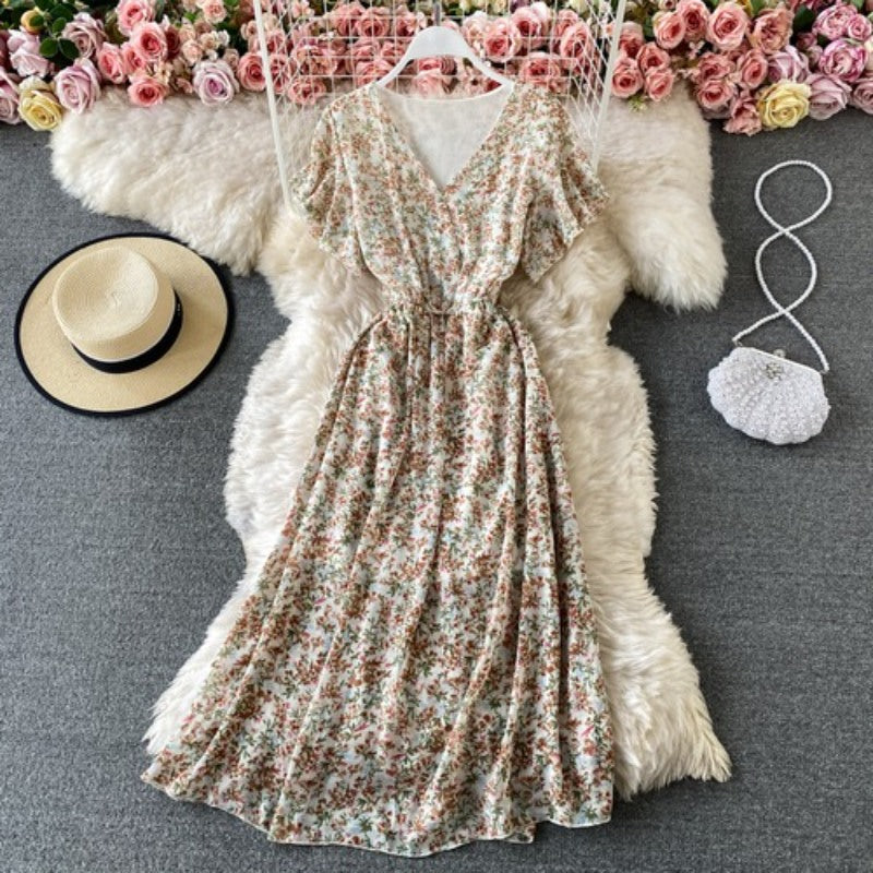 Printed V-Neck Ruffles Short Sleeve Dress For Women-Soco Hoodie