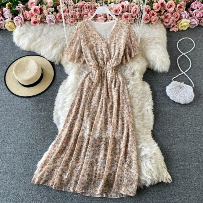 Printed V-Neck Ruffles Short Sleeve Dress For Women-Soco Hoodie