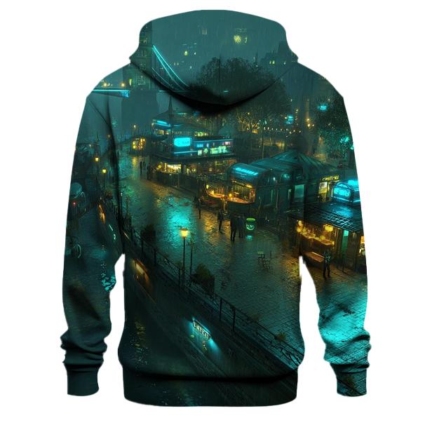 Neon Riverfront Nightscape designer hoodies
