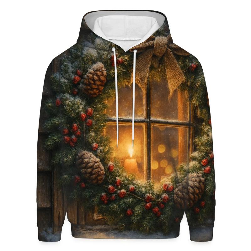Wreath On A Snowy Cottage Window embroidered hoodies