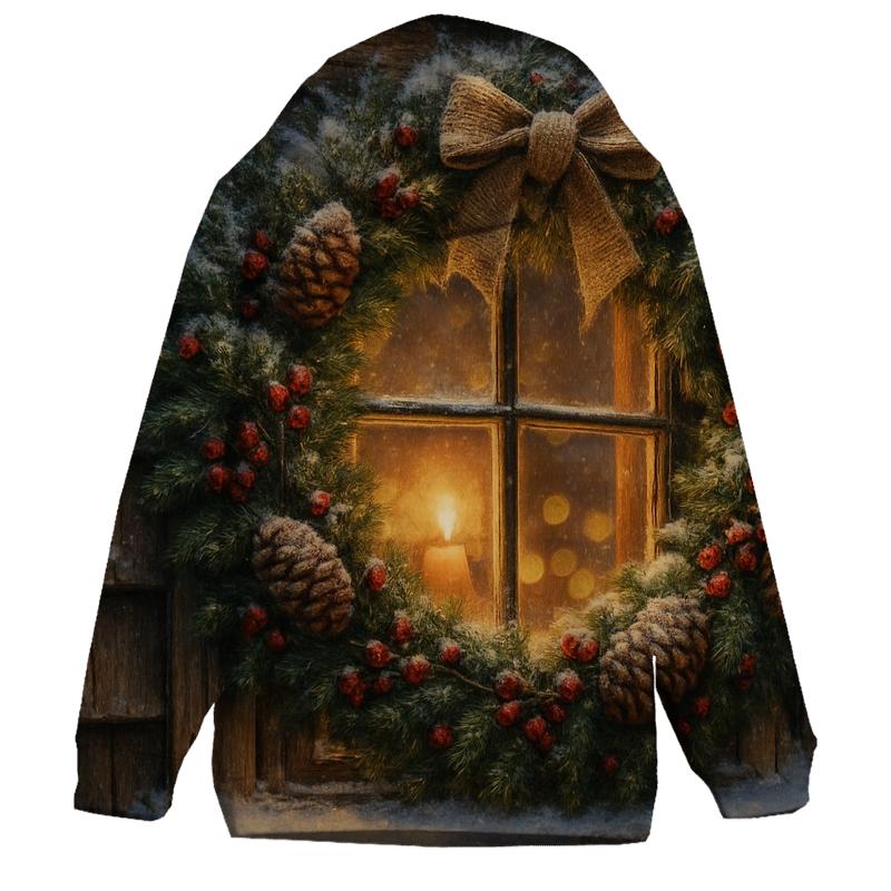 Wreath On A Snowy Cottage Window embroidered hoodies