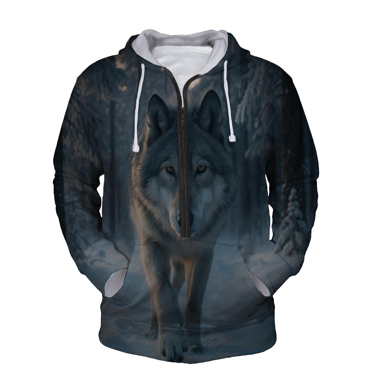 Lone Wolf Navigating Snow Covered Pine Forest At Dawn printed hoodies