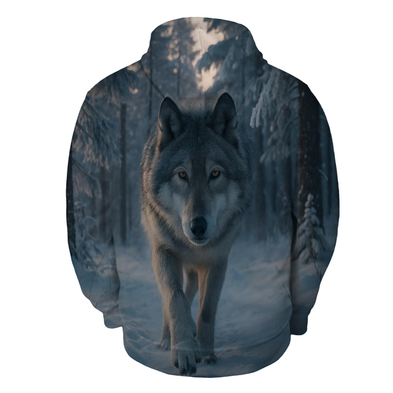 Lone Wolf Navigating Snow Covered Pine Forest At Dawn printed hoodies