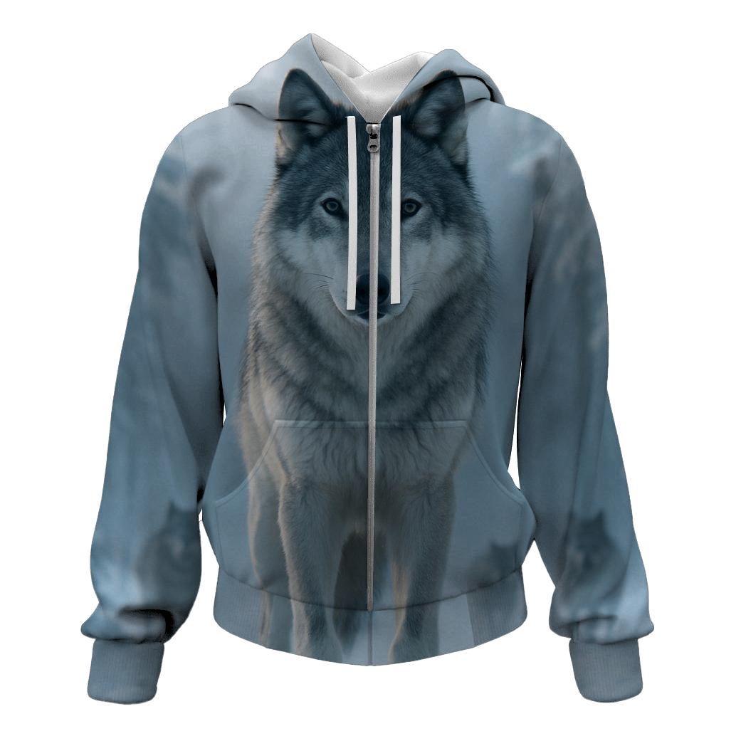 Alpha Wolf Leading Through Frozen Misty Forest hoodie trends