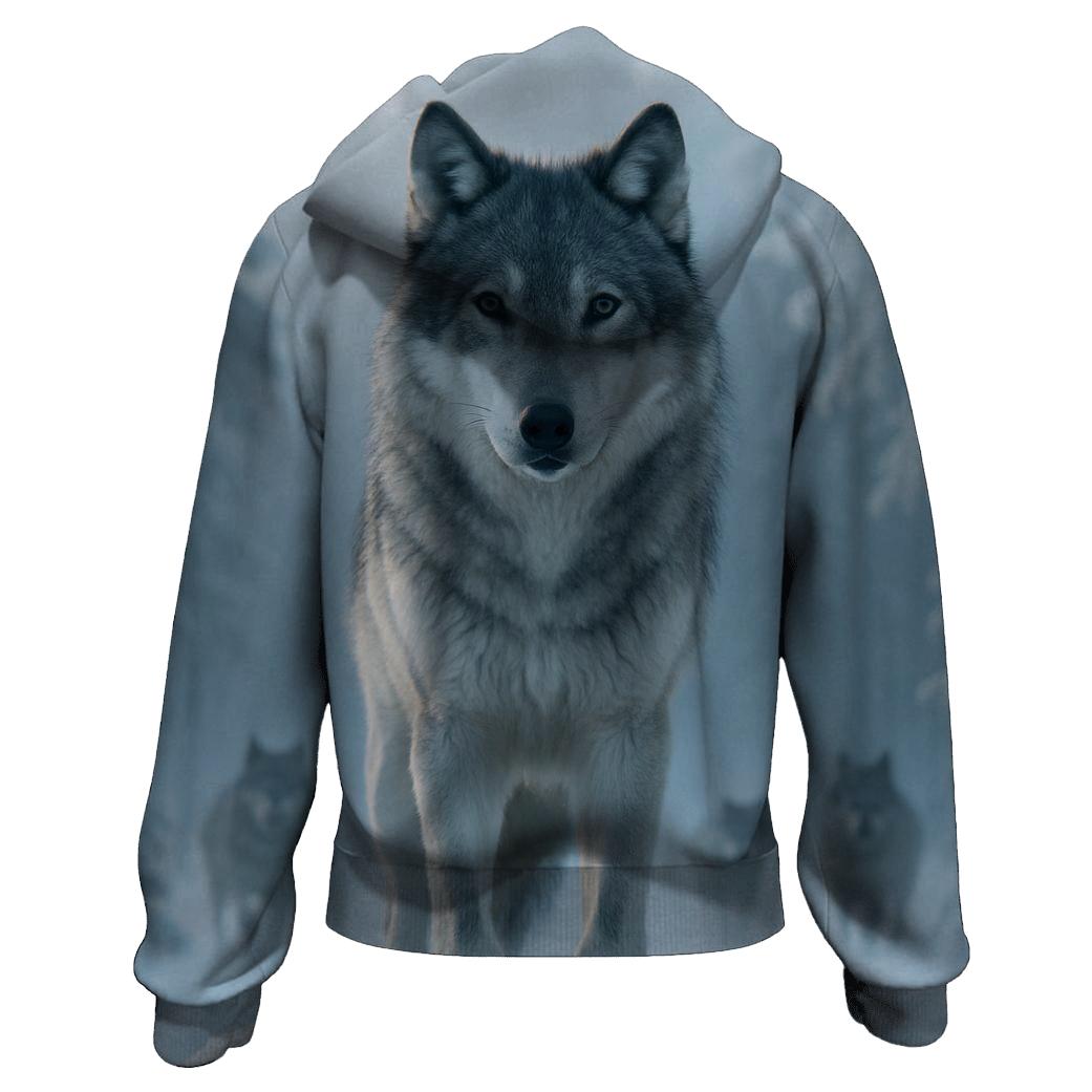 Alpha Wolf Leading Through Frozen Misty Forest hoodie trends