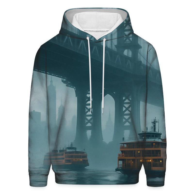 Fogbound Ferries Under Manhattan Bridge premium hoodies