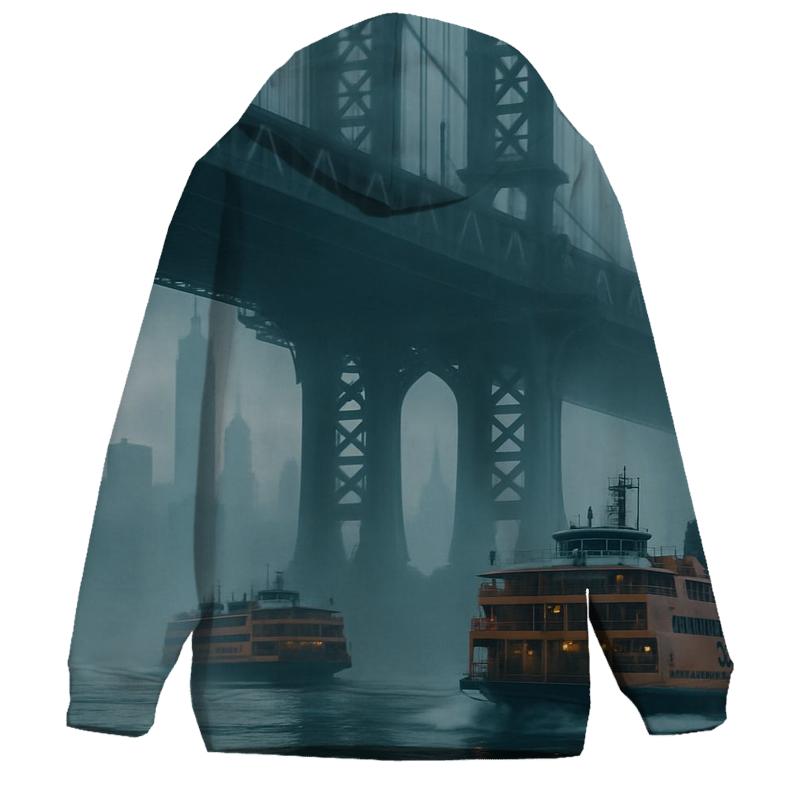 Fogbound Ferries Under Manhattan Bridge premium hoodies
