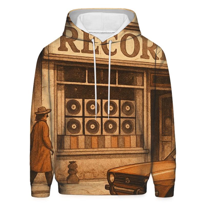 Rustic Vinyl Record Shop Illustration premium hoodies