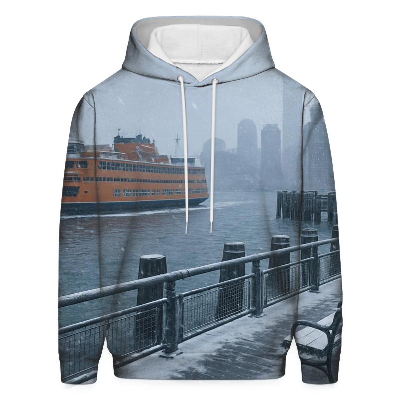 Snowfall Over Battery Maritime Pier embroidered hoodies