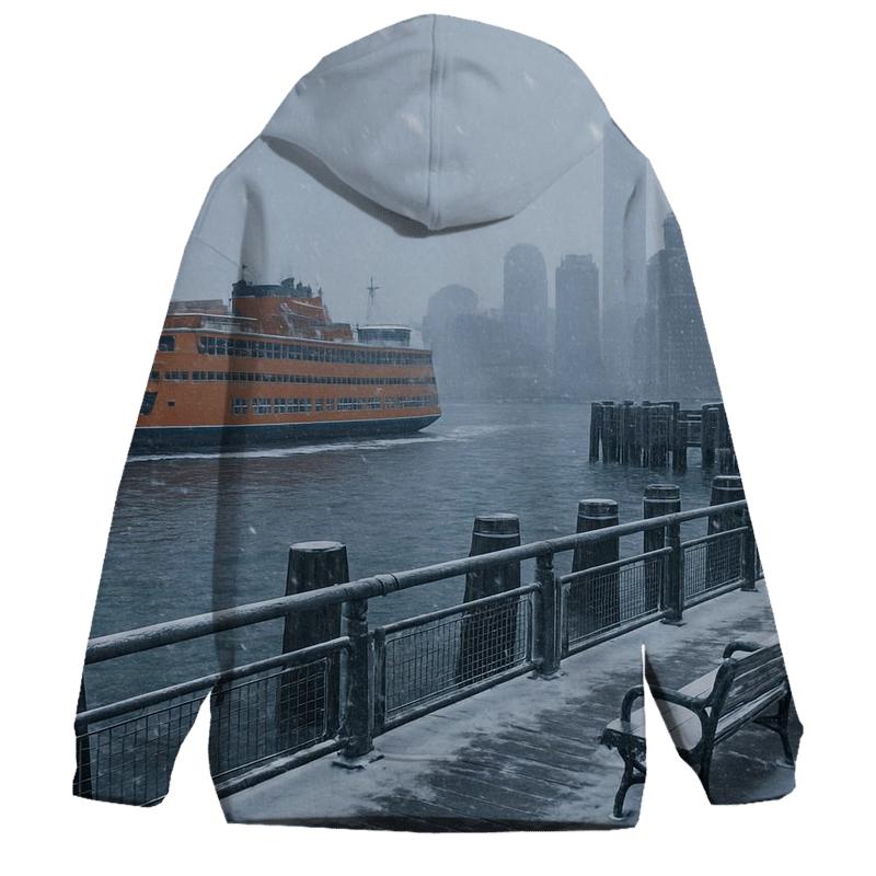 Snowfall Over Battery Maritime Pier embroidered hoodies