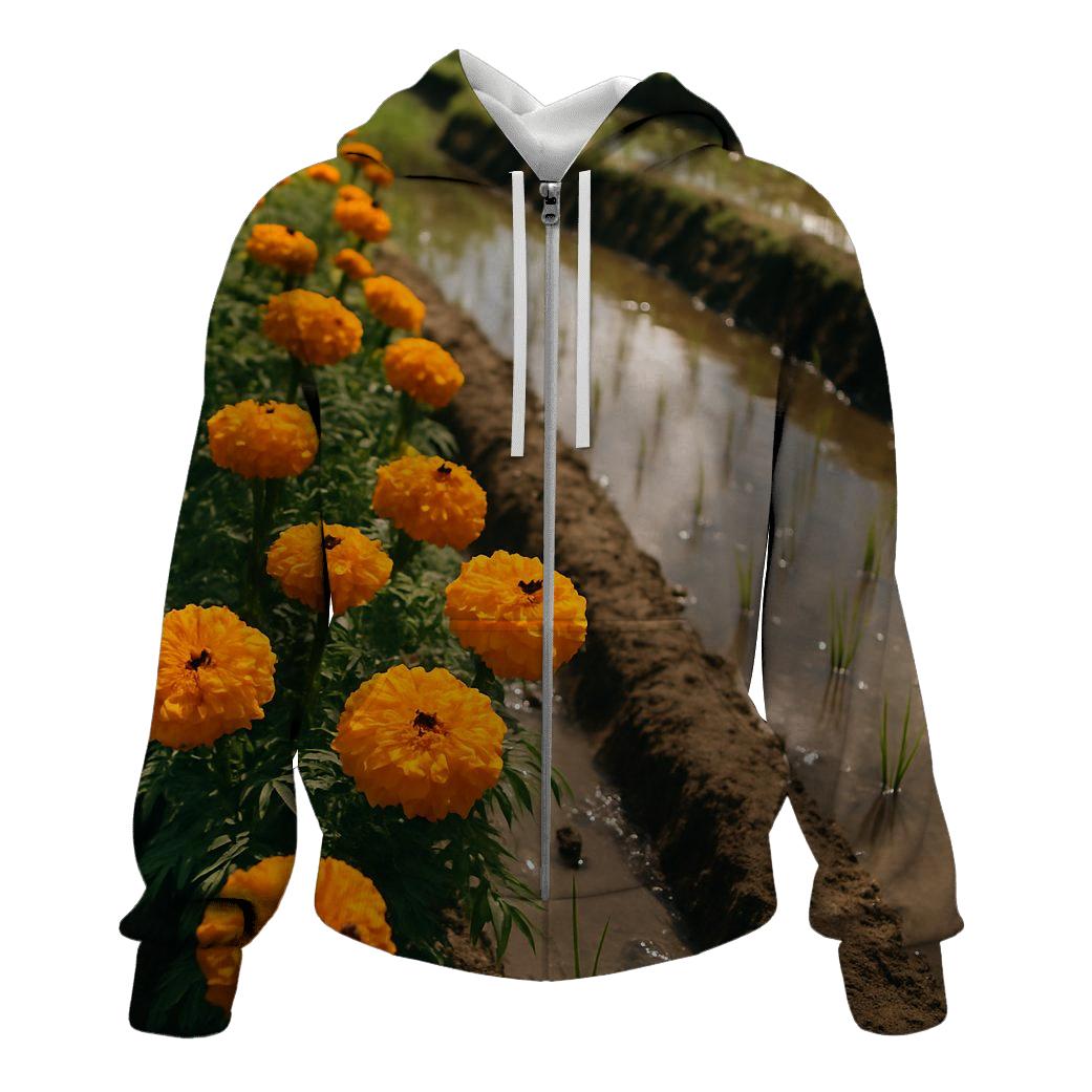 Rice Paddy Marigold Border zip-up hoodies