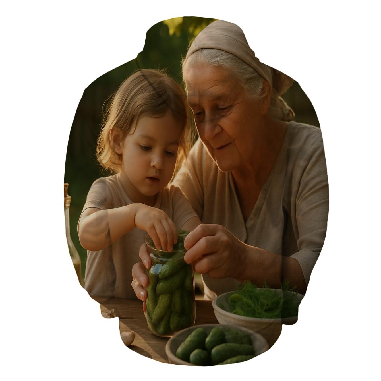 Grandmother Teaching Pickling In Backyard graphic hoodies
