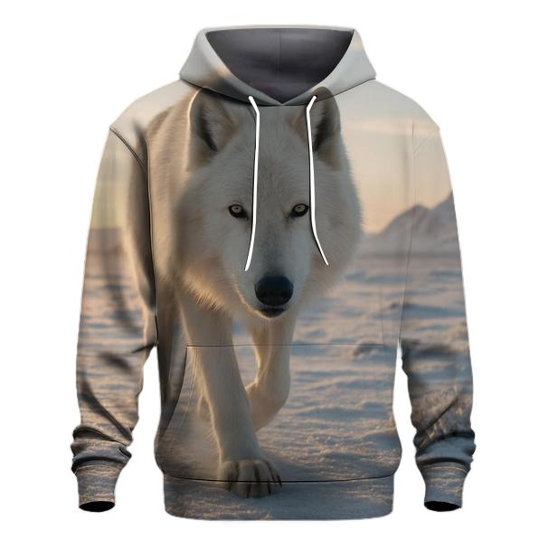 Lone Arctic Wolf Navigating Frozen Tundra At Dawn heavyweight hoodies