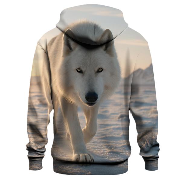 Lone Arctic Wolf Navigating Frozen Tundra At Dawn heavyweight hoodies
