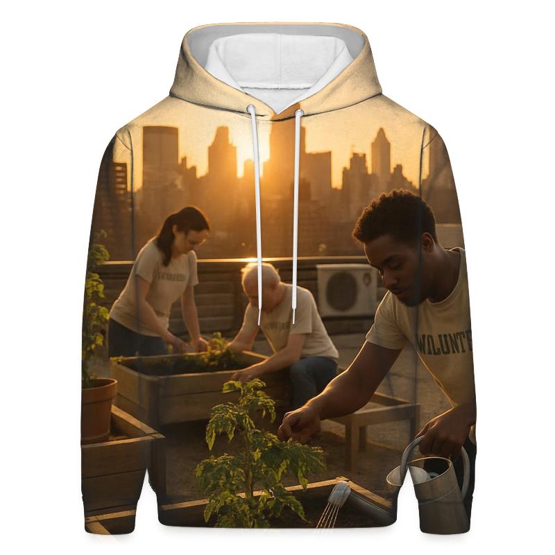 Rooftop Community Garden At Sunset printed hoodies