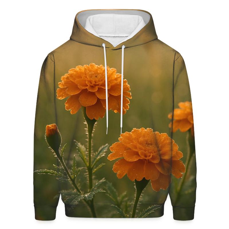 Dew-Kissed Marigold Blooms In Early Morning Meadow embroidered hoodies