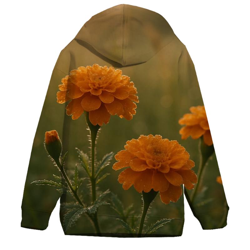Dew-Kissed Marigold Blooms In Early Morning Meadow embroidered hoodies
