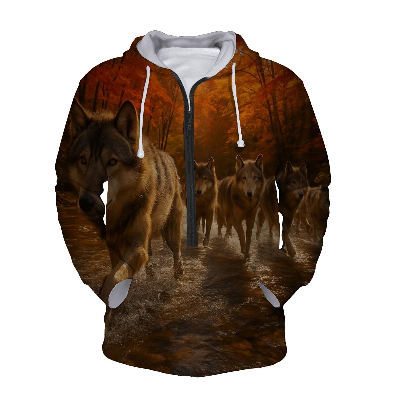 Wolf Pack Crossing Autumn River heavyweight hoodies