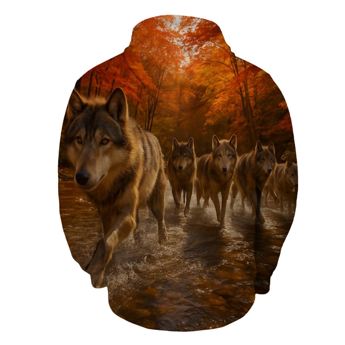 Wolf Pack Crossing Autumn River heavyweight hoodies