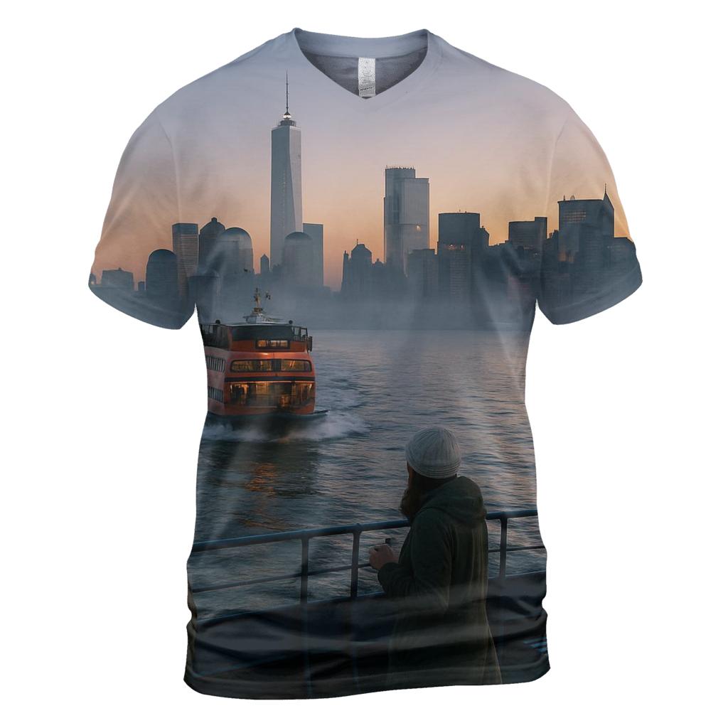 Dawn Ferry Crossing And Lower Manhattan Silhouette statement graphic shirts
