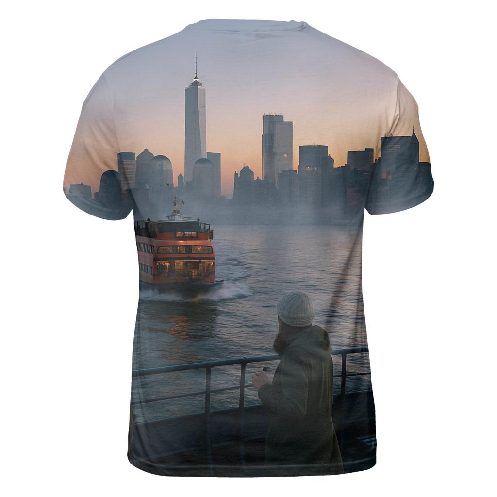 Dawn Ferry Crossing And Lower Manhattan Silhouette statement graphic shirts
