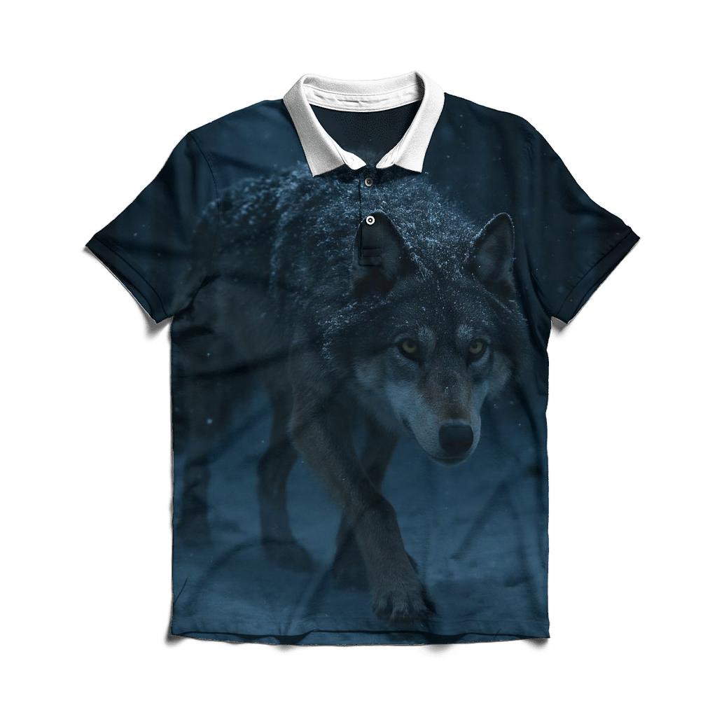 Lone Wolf Navigating Midnight Snowfall embroidered polo tops