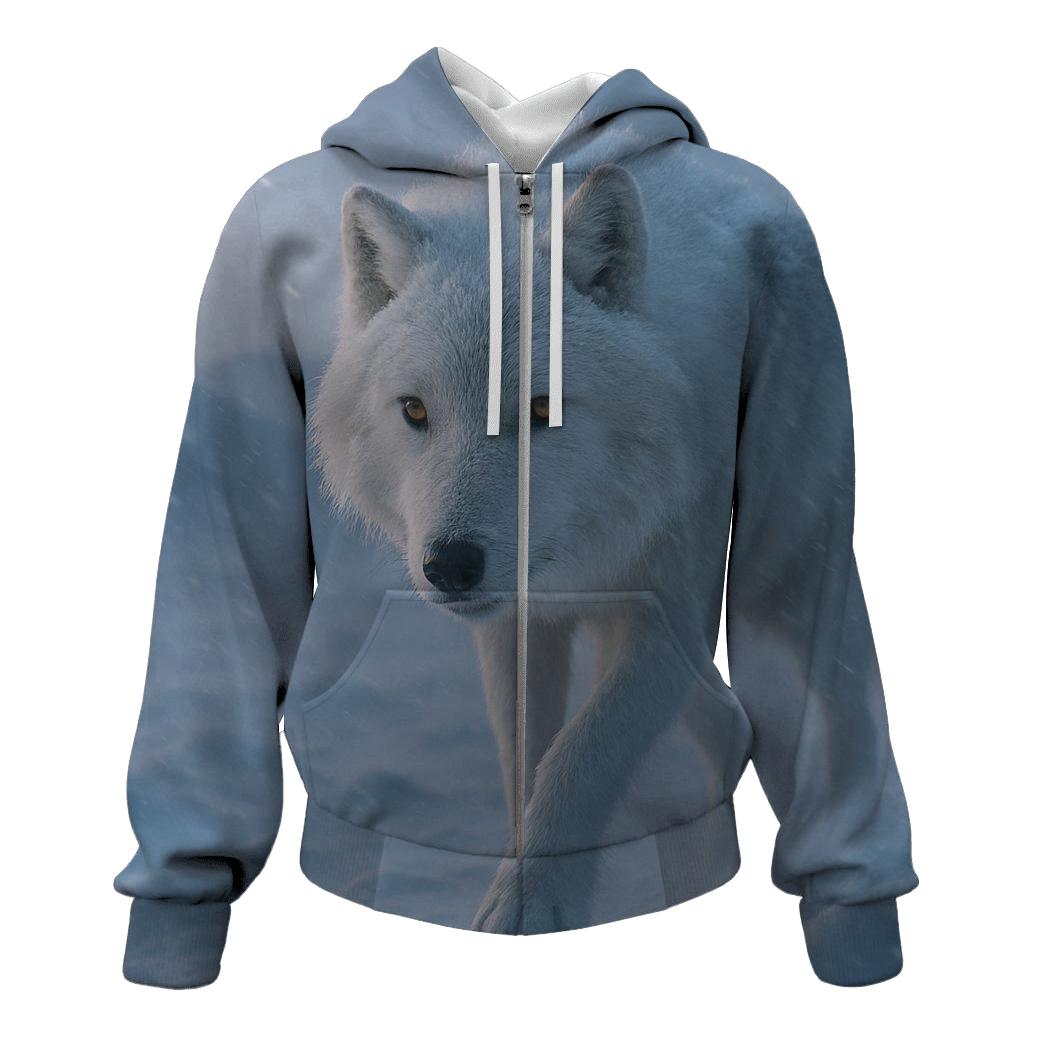 Lone Arctic Wolf In Snowstorm premium hoodies