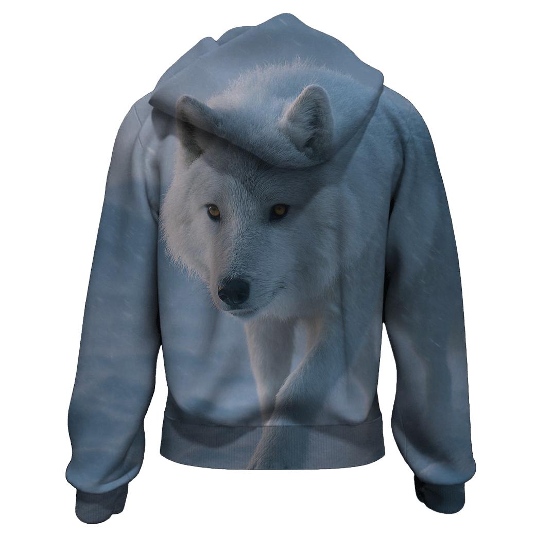 Lone Arctic Wolf In Snowstorm premium hoodies