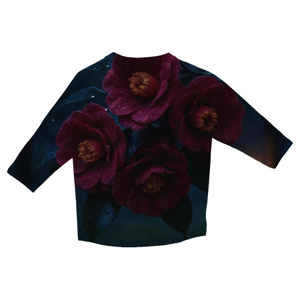 Midnight Orchard Camellias casual three quarter sleeve shirts
