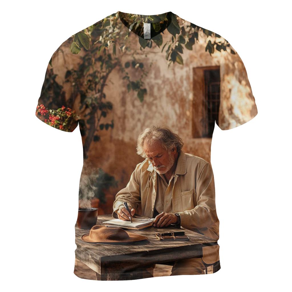 Graham Greene Writing In Mexican Hacienda Courtyard statement graphic shirts