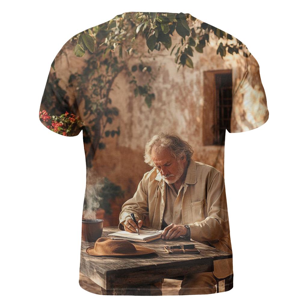 Graham Greene Writing In Mexican Hacienda Courtyard statement graphic shirts