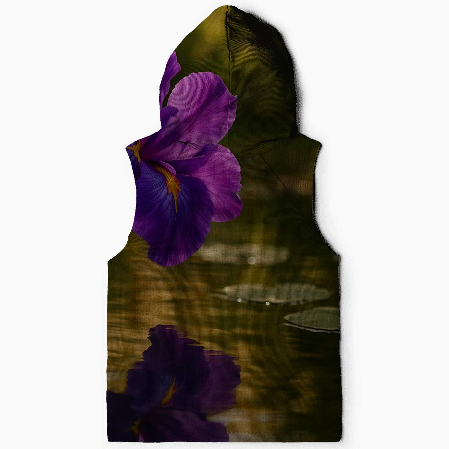 Sunlit Iris Reflection By A Serene Garden Pond zip-up hoodies