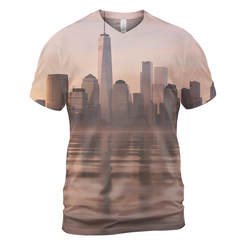 Dawn Reflections On The Hudson With Lower Manhattan Silhouette unique graphic print tees