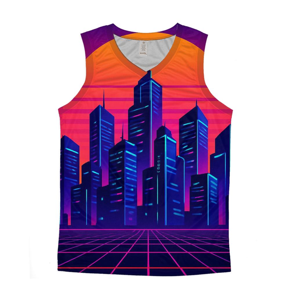Neon Synthwave Skyline trendy fitted tank tops