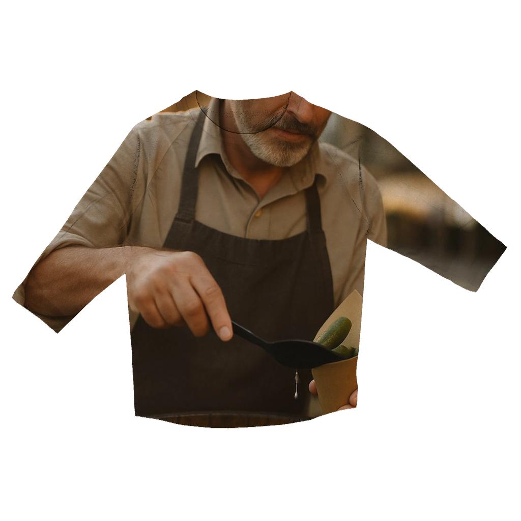 Market Vendor With Cornichon Barrel printed three quarter sleeve shirts