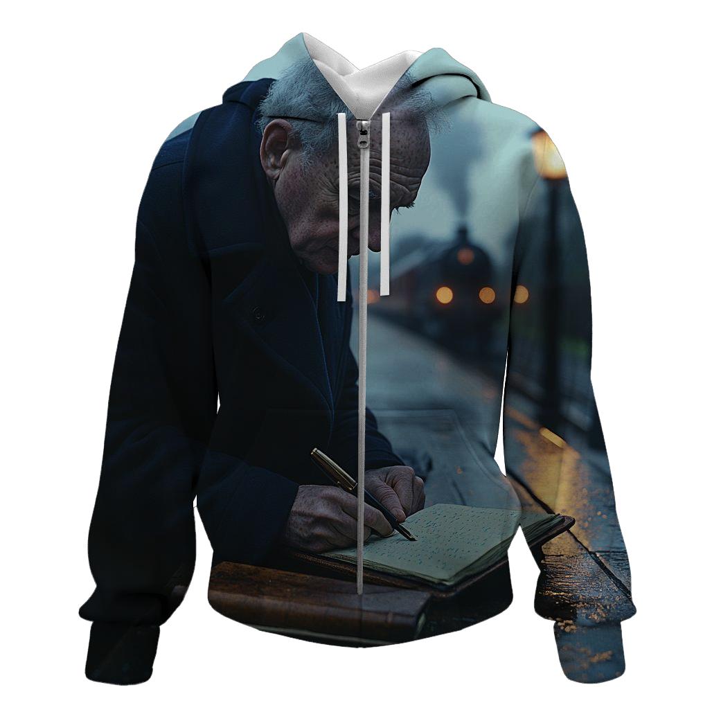 Graham Greene Writing On A Rainy Station Bench zip-up hoodies