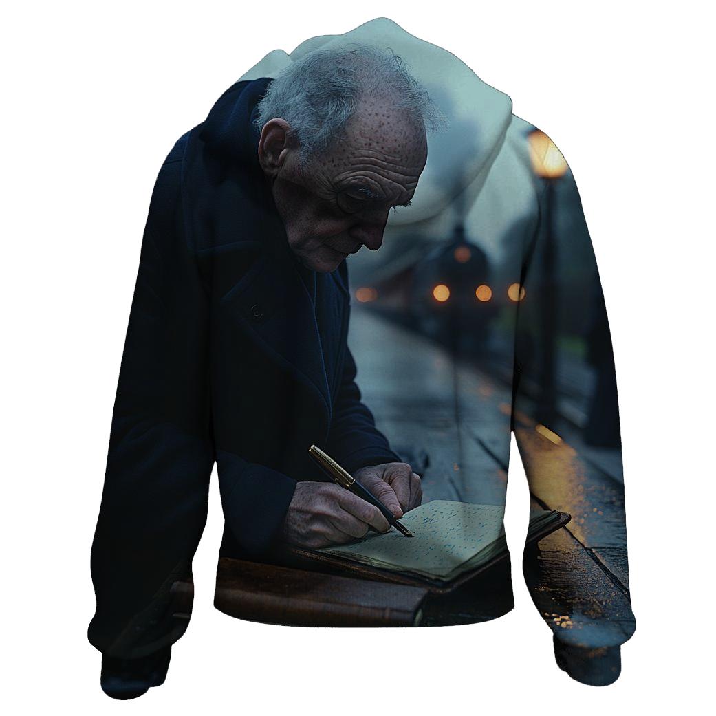 Graham Greene Writing On A Rainy Station Bench zip-up hoodies