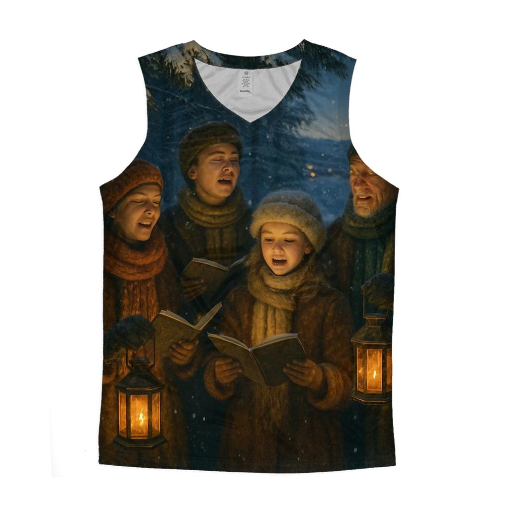 Twilight Christmas Carolers Under Snowy Pines graphic print tank tops