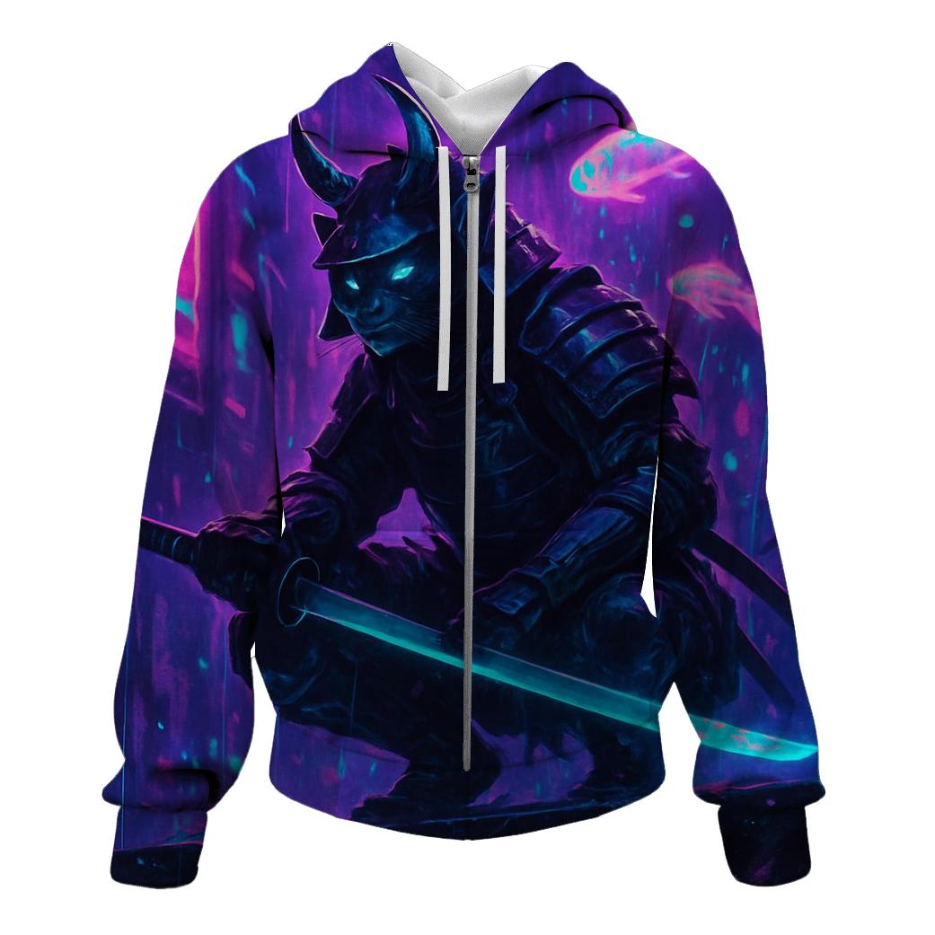 Neon Alley Samurai Cat zip-up hoodies