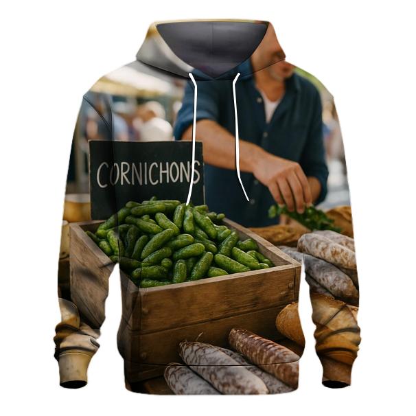 French Market Stall Showcasing Fresh Cornichons And Regional Delicacies printed hoodies