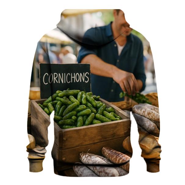 French Market Stall Showcasing Fresh Cornichons And Regional Delicacies printed hoodies